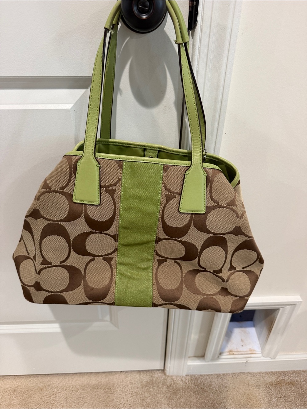 Coach Brown Signature Canvas Shoulder Bag with Lime Trim